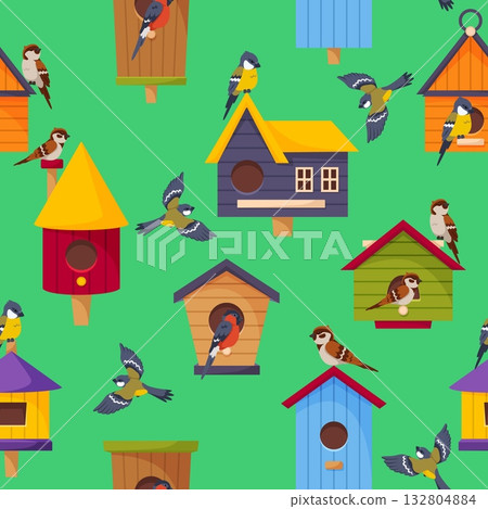 Various birdhouses with birds sitting on them seamless pattern. Birdies feeders. Ornithology or birdwatching. Repeated print. Bright wooden houses. Starling shelters. Vector background 132804884