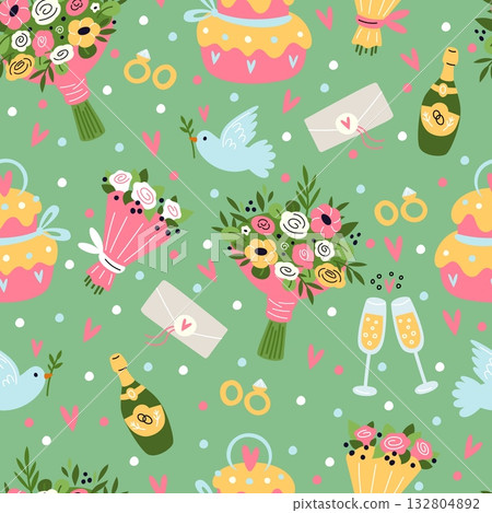 Wedding bouquets. Marriage ceremony seamless pattern. Invitation envelopes. Newlyweds holiday. Engagement rings. Champagne glasses and bottle. Dessert cake. Rose flowers. Vector background Wedding bouquets. Marriage ceremony seamless pattern. Invitation envelopes. Newlyweds holiday. Engagement rings. Champagne glasses and bottle. Dessert cake. Rose flowers. Vector background 132804892