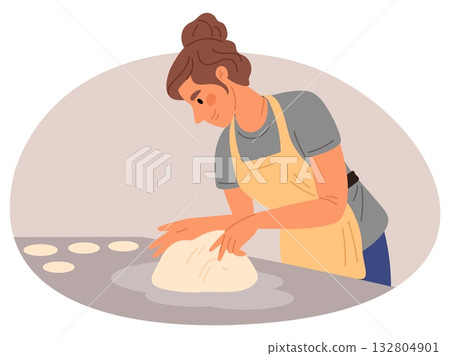Woman in apron rolls out dough in kitchen. Girl prepares pastries. Young baker cooking biscuit. Chef making sweet cookies. Cake pie preparation. Homemade bread baking. Vector concept Woman in apron rolls out dough in kitchen. Girl prepares pastries. Young baker cooking biscuit. Chef making sweet cookies. Cake pie preparation. Homemade bread baking. Vector concept 132804901