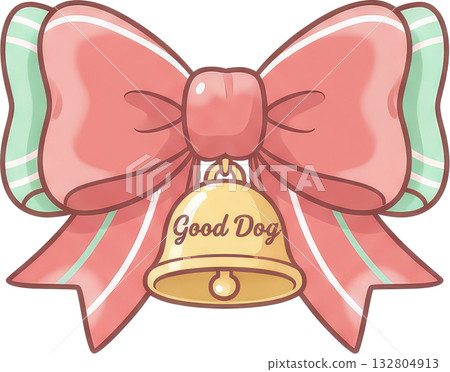 A pink ribbon bow with a golden bell inscribed  Good Dog 132804913