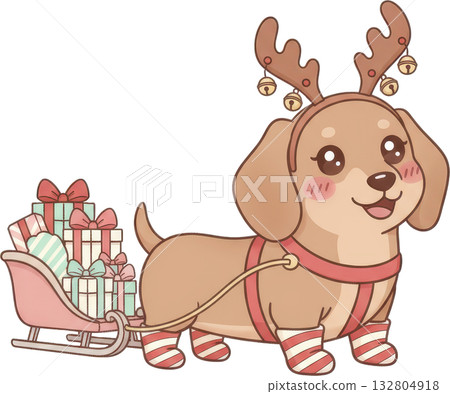 Adorable cartoon dachshund dressed as a reindeer pulls a festive sleigh filled with Christmas 132804918
