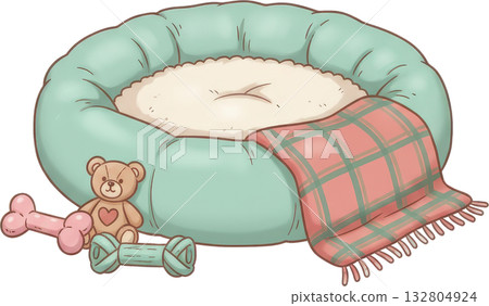 Cozy pet bed with cute toys and plaid blanket Cozy pet bed with cute toys and plaid blanket 132804924