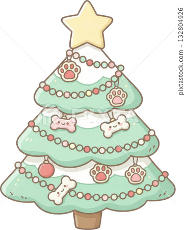 Cute cartoon Christmas tree with festive paw print and bone ornaments Cute cartoon Christmas tree with festive paw print and bone ornaments 132804926