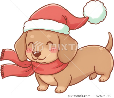 Cute Dachshund Dog Wearing Santa Hat and Scarf for Christmas 132804940
