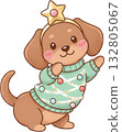Cute cartoon dachshund wearing a festive Christmas sweater and star headband 132805067