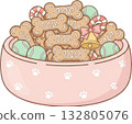 Festive dog bowl filled with bone shaped treats balls and a holiday bell 132805076