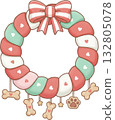 Whimsical festive wreath adorned with colorful dog treats bones and paw print charms 132805078