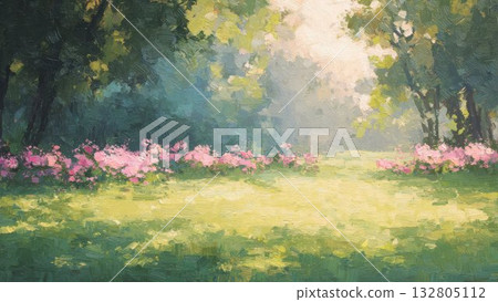 春日森林中盛開的花朵，油畫風格插畫，陽光透過樹葉灑下斑駁的光影。 132805112