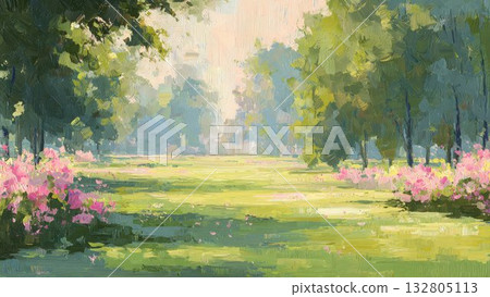 春花綠林油畫風格風景畫 132805113