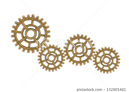 Gear and cogs wheels isolated on a white background, clock mechanism, brass metal engine industrial. 132805481