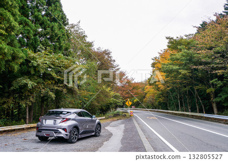 Hakone mountain road and silver SUV Hakone mountain road and silver SUV 132805527