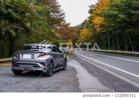 Hakone mountain road and silver SUV Hakone mountain road and silver SUV 132805531