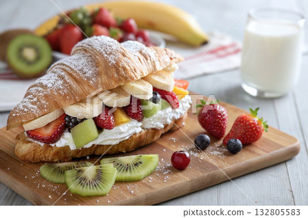 新鮮誘人的牛角包水果三明治 132805583