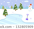 Winter forest landscape illustration with snowman and shovel 132805909
