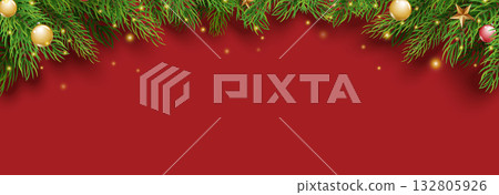 Christmas red background with pine branches and ornaments for card or banner. Christmas red background with pine branches and ornaments for card or banner. 132805926