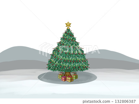 A large Christmas tree and a colored plaque with presents A large Christmas tree and a colored plaque with presents 132806387