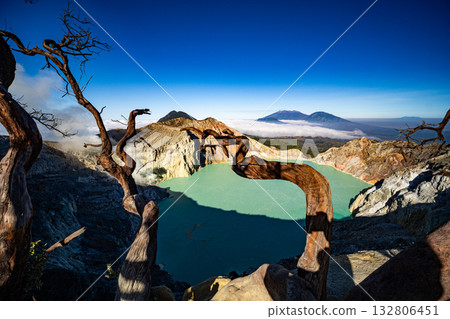Aerial view of rock cliff at Kawah Ijen volcano with turquoise sulfur water lake at sunrise.Amazing nature landscape view at East Java, Indonesia.Natural landscape colorful sky background Aerial view of rock cliff at Kawah Ijen volcano with turquoise sulfur water lake at sunrise.Amazing nature landscape view at East Java, Indonesia.Natural landscape colorful sky background 132806451
