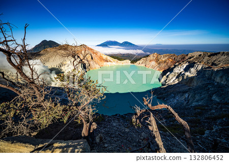 Aerial view of rock cliff at Kawah Ijen volcano with turquoise sulfur water lake at sunrise.Amazing nature landscape view at East Java, Indonesia.Natural landscape colorful sky background Aerial view of rock cliff at Kawah Ijen volcano with turquoise sulfur water lake at sunrise.Amazing nature landscape view at East Java, Indonesia.Natural landscape colorful sky background 132806452