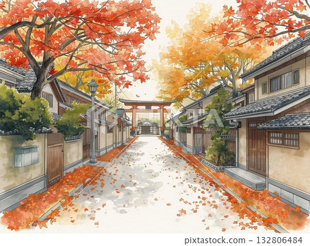 描繪日本城鎮風光的插圖,鳥居和秋葉點綴其間。 描繪日本城鎮風光的插圖,鳥居和秋葉點綴其間。 132806484