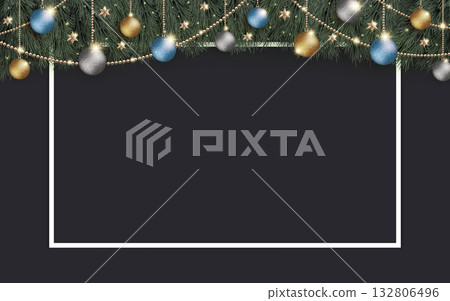 Sparkling Christmas ornaments with white frame and horizontal black background Sparkling Christmas ornaments with white frame and horizontal black background 132806496