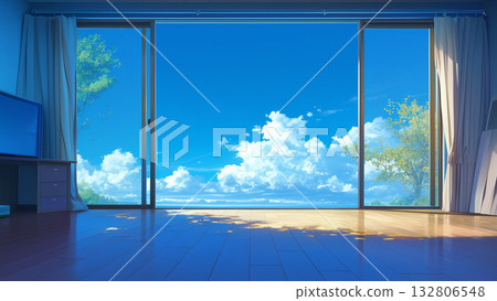 Summer blue sky and large window in the room, anime style 132806548