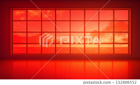 房間裡一扇大窗戶,沐浴在絢麗的紅色夕陽中,動漫風格。 房間裡一扇大窗戶,沐浴在絢麗的紅色夕陽中,動漫風格。 132806552
