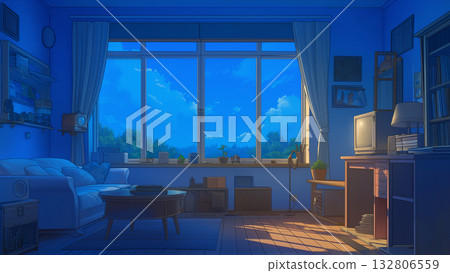 Large window in the room in the evening, anime style 132806559