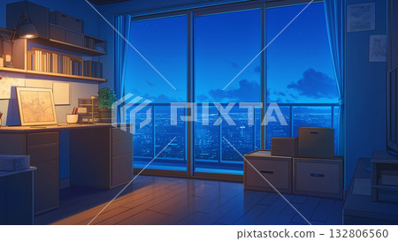 夜晚房間裡的大窗戶，動漫風格 132806560