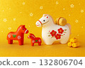 Cute horse figurines lined up against a gold leaf background - New Year's, zodiac, and New Year's image 132806704