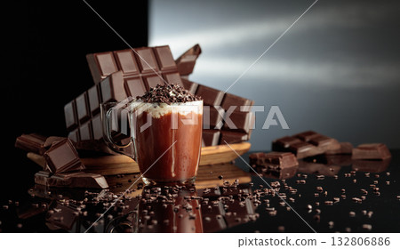Hot chocolate with whipped cream sprinkled with chocolate crumb. Hot chocolate with whipped cream sprinkled with chocolate crumb. 132806886