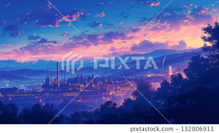 Beautiful sunset and factory scenery, anime style 132806911