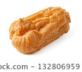 Delicious eclair pastry showcased on a white background highlighting its golden-brown color and creamy filling 132806959