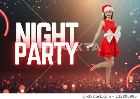 Woman in a red dress and Santa hat posing at a night party 132806996