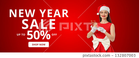 Woman in a red dress and hat holds a shopping cart Woman in a red dress and hat holds a shopping cart 132807003