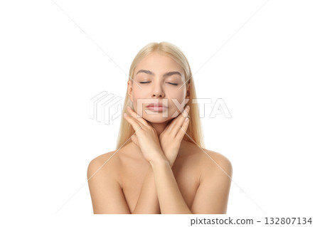 Young woman gently practicing skin care, isolated on white, PNG 132807134