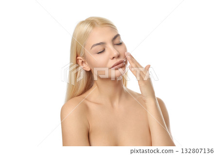 Woman uses moisturizer to enhance her skin health, isolated, PNG Woman uses moisturizer to enhance her skin health, isolated, PNG 132807136