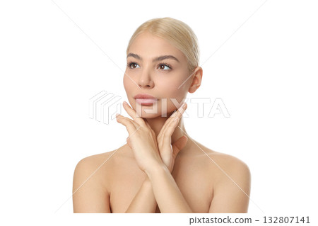Woman shows skincare techniques gently, isolated on white, PNG 132807141