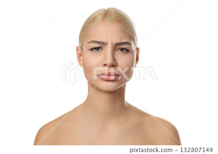 Woman showing skin care with expressions, isolated on white, PNG 132807149