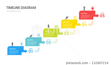 Business roadmap timeline infographic with 5 step banner arrow and icon, vector. 132807214
