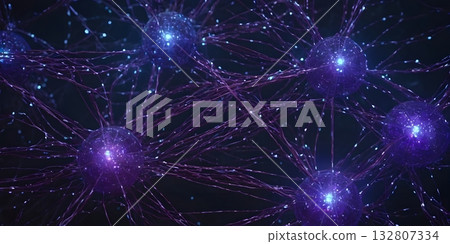 Futuristic 3D visualization of big data network with glowing nodes and neural connections 132807334