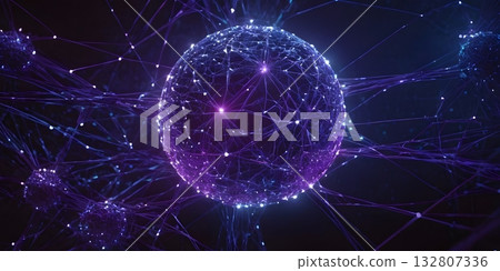 Futuristic 3D visualization of big data network with glowing nodes and neural connections 132807336