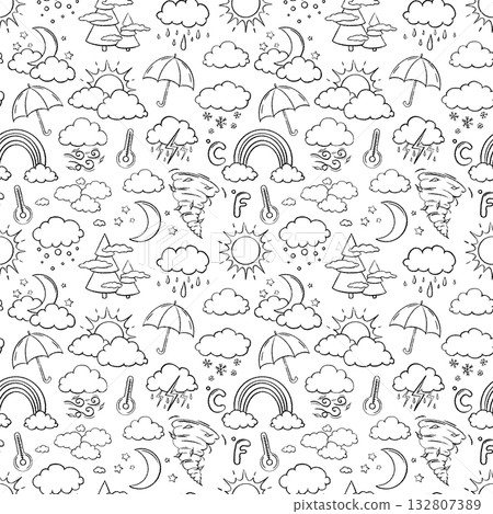 Line vector weather icons seamless pattern. Hand drawn by chalk. Outline Background. Doodle Illustration with temperature, sun, rain, snow, cloud, storm, for climate forecast. Meteorology 132807389