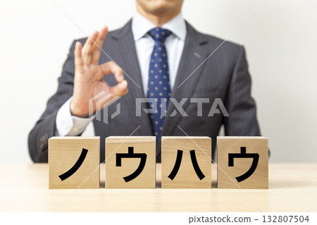 一位商人擺出「OK」的手勢，旁邊立著一塊寫著「訣竅」的積木。 132807504