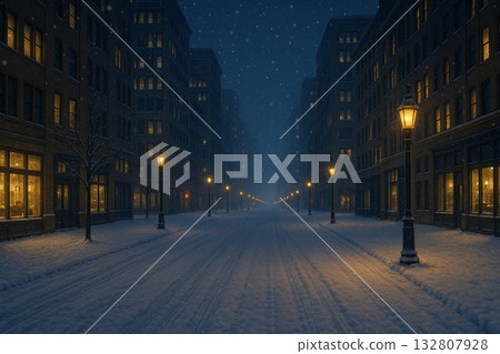 A snowy night scene of a quiet cityscape and street lights A snowy night scene of a quiet cityscape and street lights 132807928