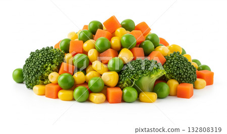 Pile of Mixed Vegetables with Broccoli Corn Carrot and Green Peas on White Background Pile of Mixed Vegetables with Broccoli Corn Carrot and Green Peas on White Background 132808319