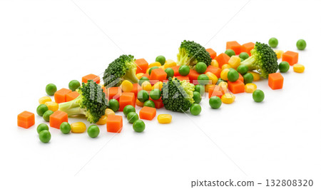 Assorted Broccoli Carrot Corn and Peas Spread on White Background 132808320