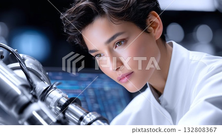 Female scientist in white lab coat analyzing advanced technological equipment, focusing intently on research within cutting edge laboratory environment 132808367