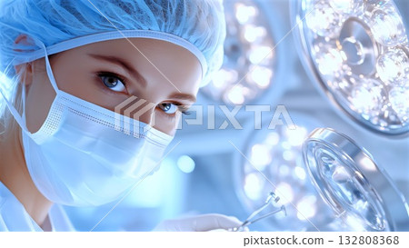 Female surgeon wearing surgical mask and cap is holding surgical instrument with surgical lights in background in operating room, ready for surgery 132808368
