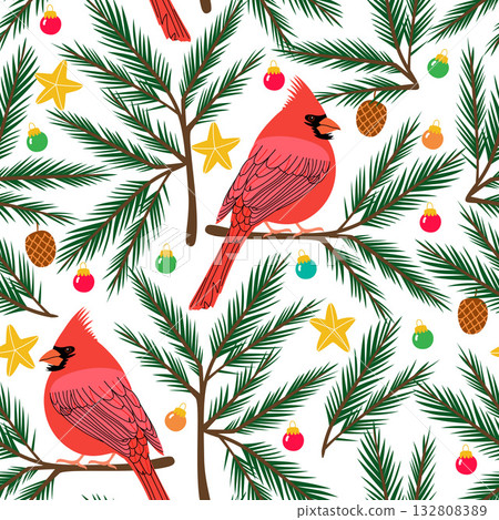 Vector seamless pattern with red cardinals in a festive winter forest 132808389