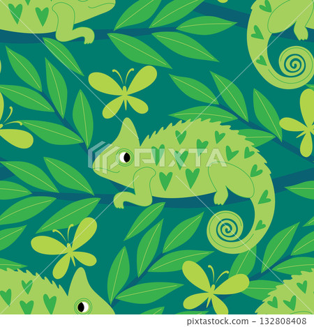 Vector seamless pattern with funny chameleons in the forest Vector seamless pattern with funny chameleons in the forest 132808408